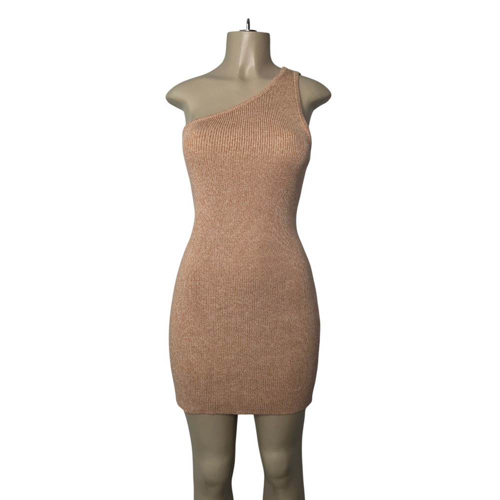 Lioness Dress Womens L Camel Enigmatic Mini One Shoulder Ribbed Knit LD927-2310